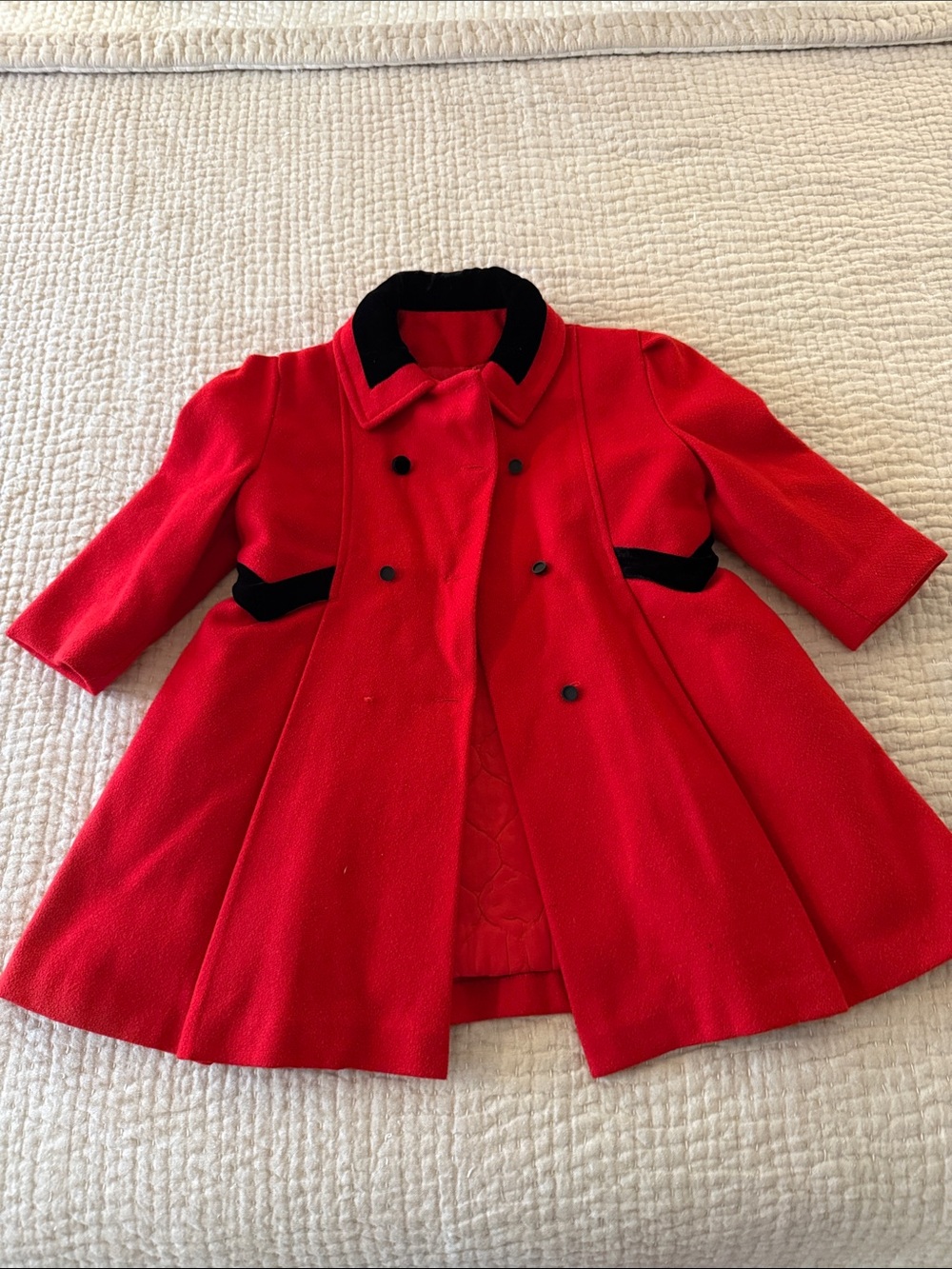 Vintage Girls' Red Double-Breasted Dress Coat with Black Velvet Trim